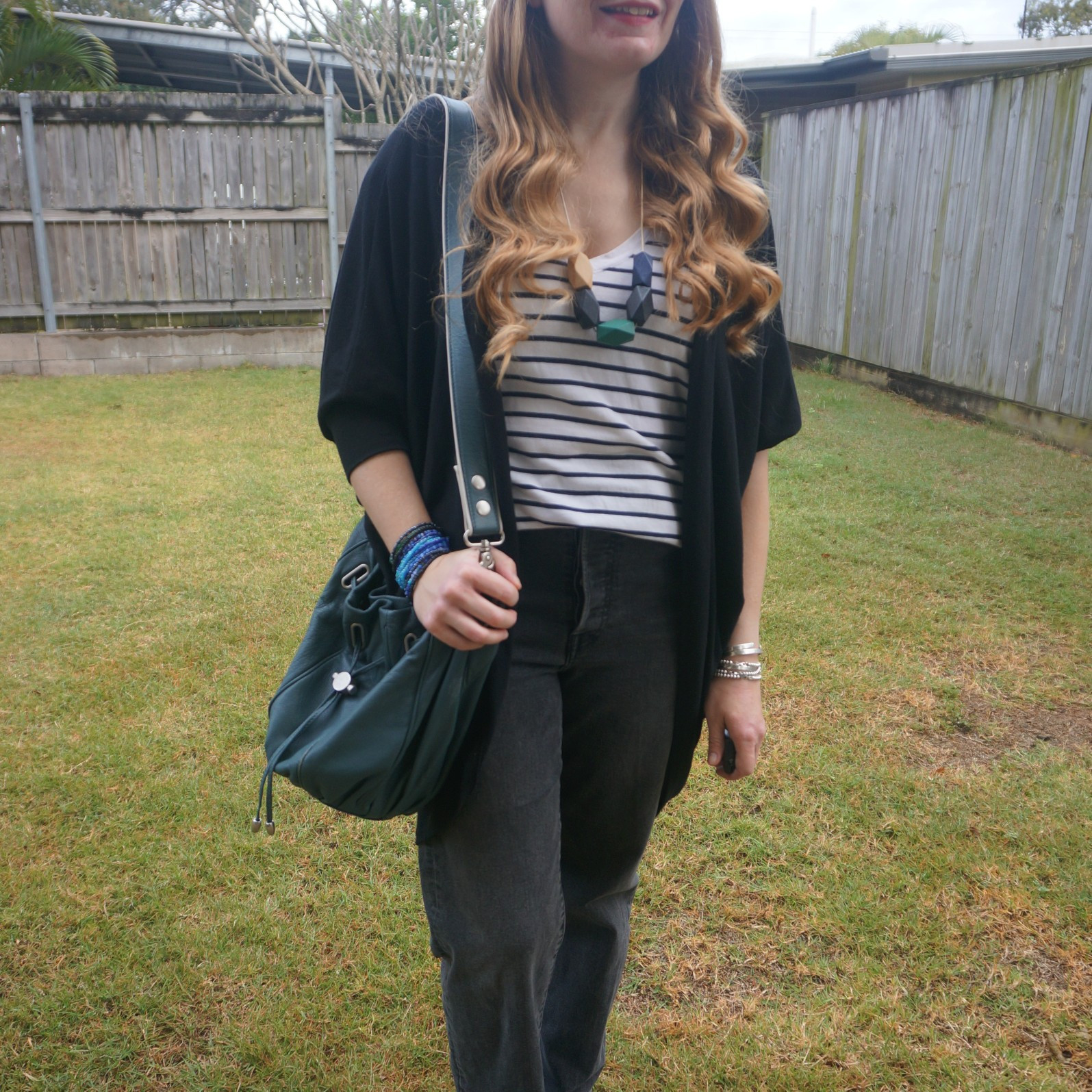 Black cocoon cardigan with striped tee, Levis straight leg jeans and Mimco cocoon bucket bag 💚 

#LTKaustralia #LTKbag #LTKjeans
