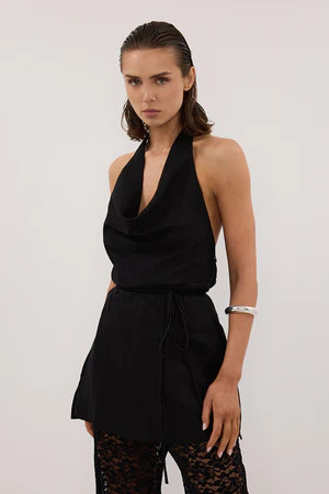 HAYLEE BLACK SLEEVELESS LINEN COWL TOP | DISSH