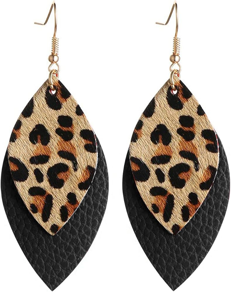 Double layer leopard leather earrings for Women Soft Genuine Leather Feather Tear Drop Dangle Ear... | Amazon (US)