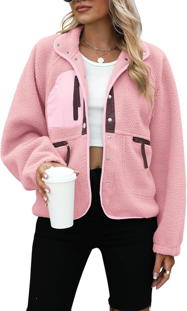 Yanekop Womens Fleece Jacket Fuzzy Long Sleeve Short Winter Coats Button Down Sherpa Jacket Outer... | Amazon (US)