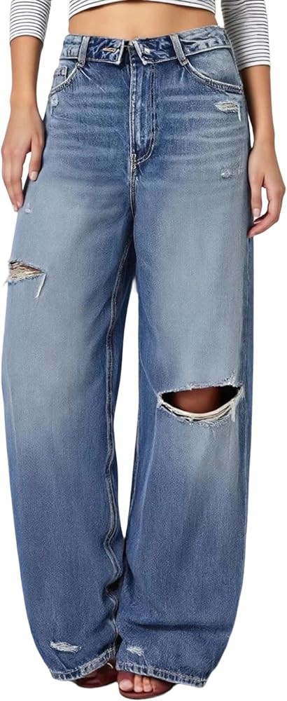 Tbahhir Women Distressed Ripped Jeans, Baggy Wide Leg Jean Pants Mid Rise Vintage Denim Trousers ... | Amazon (US)