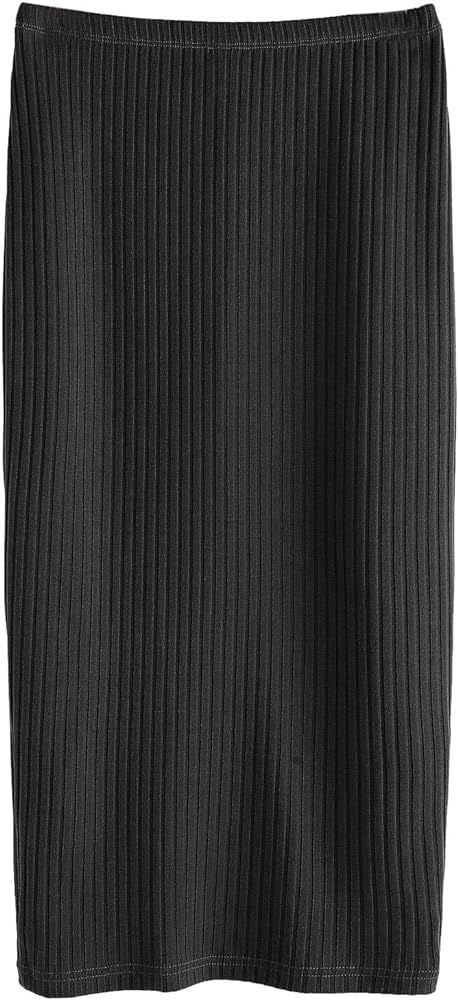 SheIn Women's Basic Plain Stretchy Ribbed Knit Split Full Length Skirt | Amazon (US)