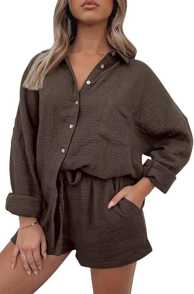 AUTOMET 2 Piece Sets For Women Lounge Wear Matching Two Piece Pajama Oversized Shirts And Shorts | Amazon (US)