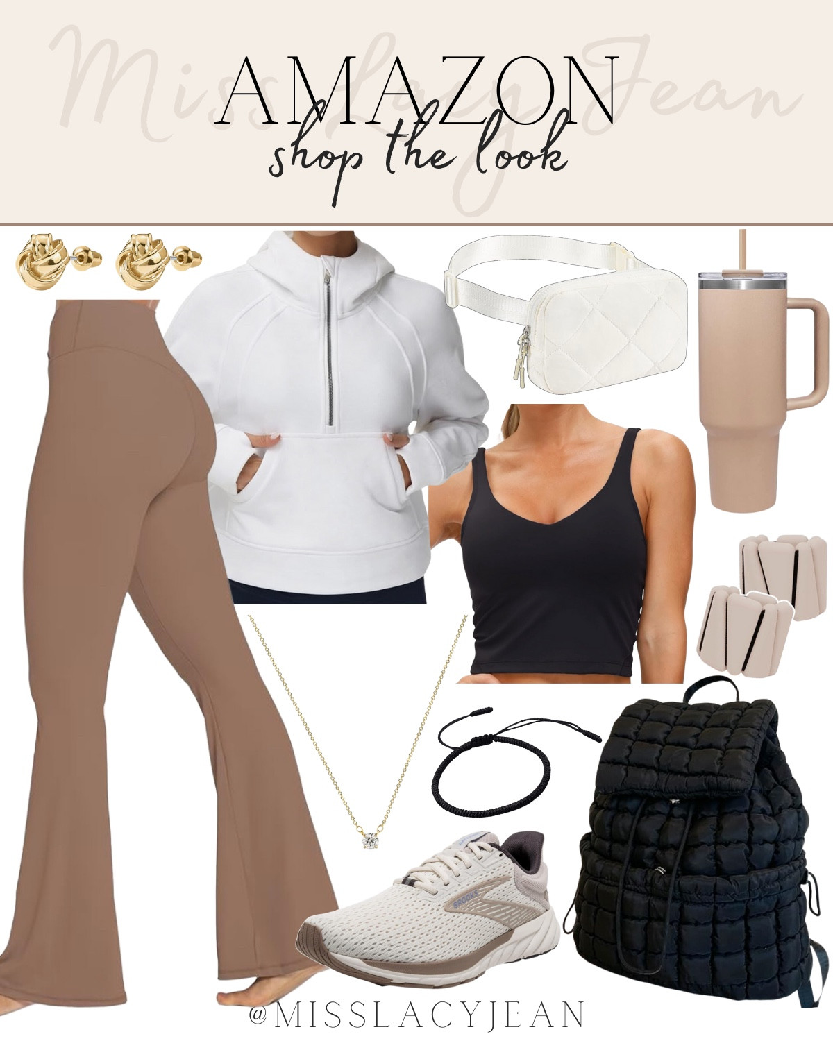Amazon casual workout outfit includes yoga pants, quarter zip jacket, tank, tennis shoes, quilted bag, simple jewelry, belt bag, water bottle, and wrist weights.

Workout outfit, casual outfit, looks for less, Amazon outfit finds 

#LTKStyleTip #LTKFitness #LTKFindsUnder100