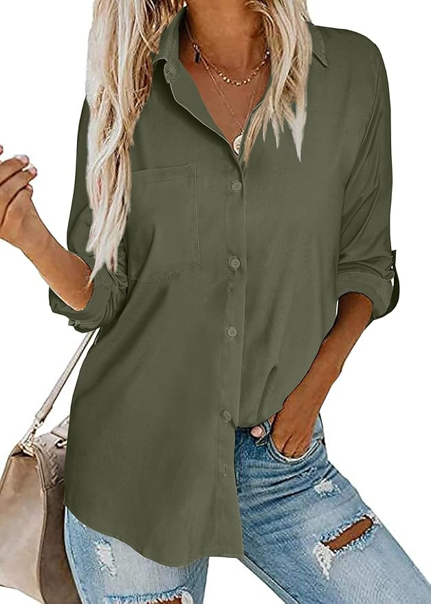 Beautife Womens V Neck Striped Button Down Collared Roll up Sleeve Casual Tunic Shirt Blouse Tops | Amazon (US)