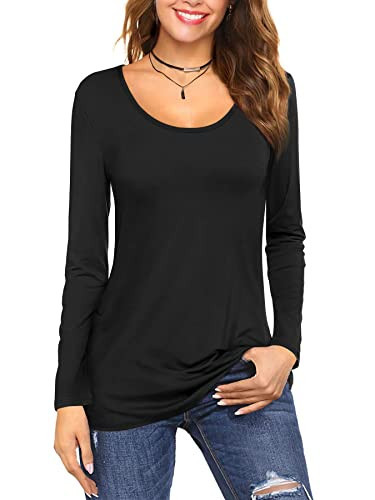 Amoretu Women Long Tshirts Plain Long Sleeve Round Neck Top Blouses Black XXL | Amazon (US)