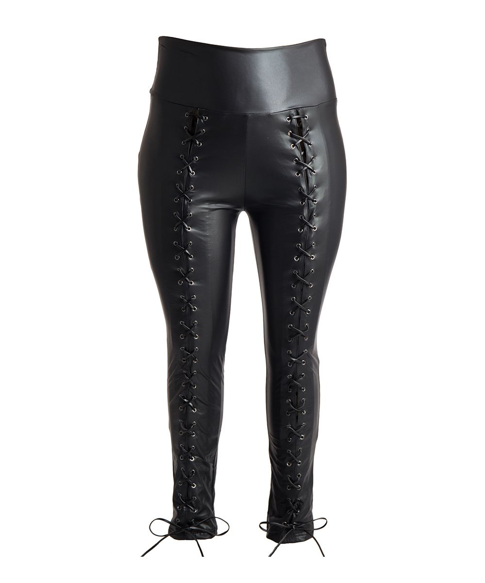 Fashionomics Women's Leggings BLACK - Black Lace-Up Faux Leather Leggings - Plus Too | Zulily