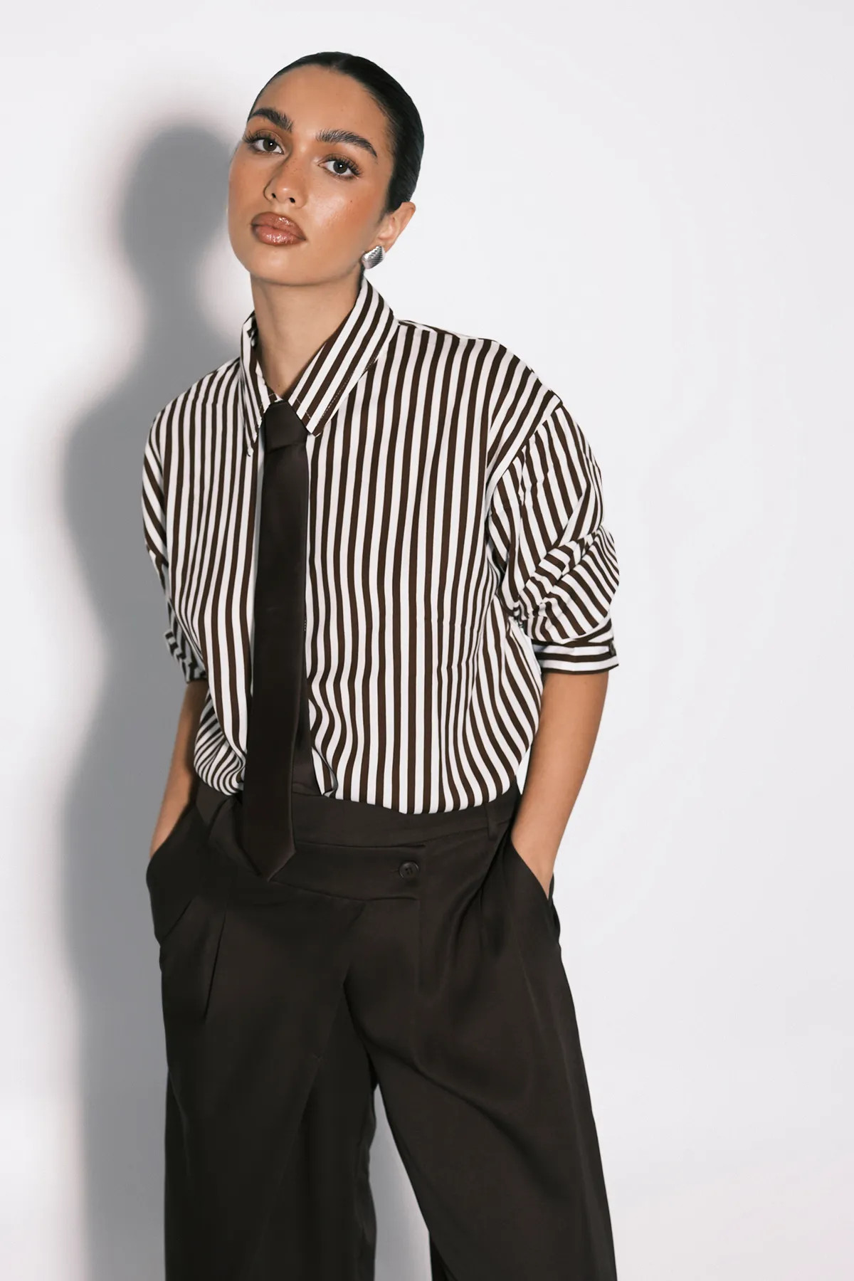 Chocolate Mixed Stripe Fitted Shirt | Boohoo USA | boohoo (US & Canada)