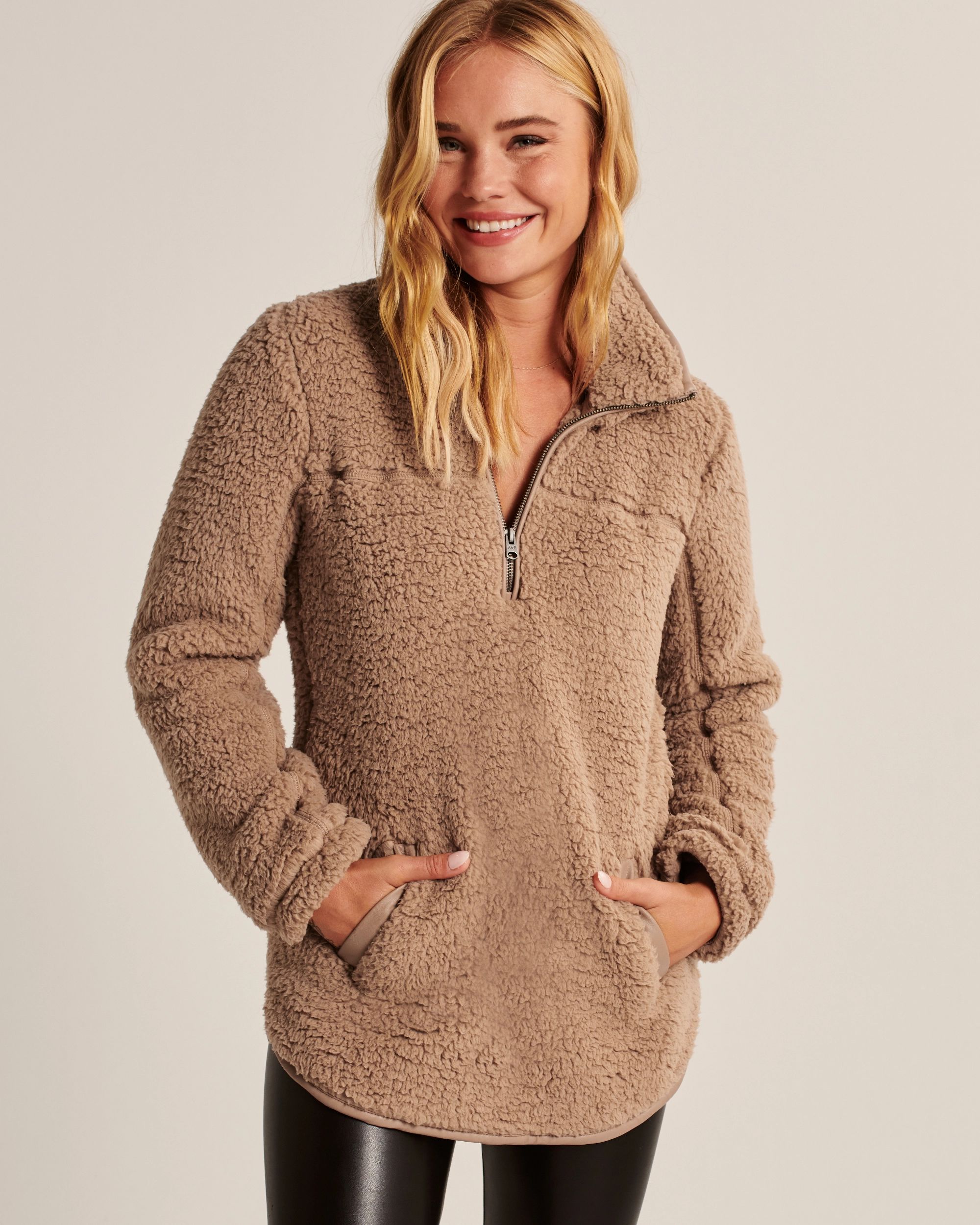 Sherpa Half-Zip Faux Leather-Trim Sweatshirt | Abercrombie & Fitch (US)