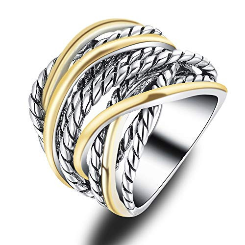Mytys Two Tone Statement Ring, Gold Plated Twisted Rope Crossover Wide Band Ring for Women, Vintage Modern Chunky Fashion Jewelry (Gold & Silver, 7) | Amazon (US)