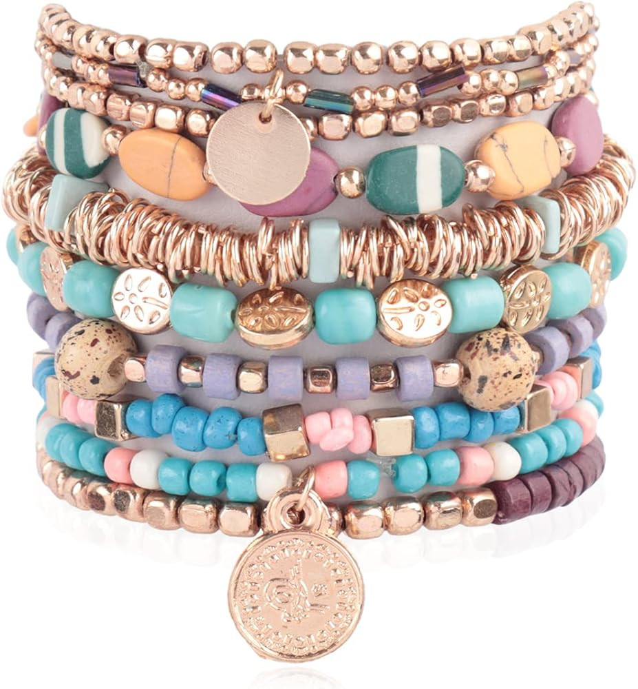 RIAH FASHION Multi Layer Versatile Statement Bracelets - Stackable Beaded Strand Stretch Bangles ... | Amazon (US)