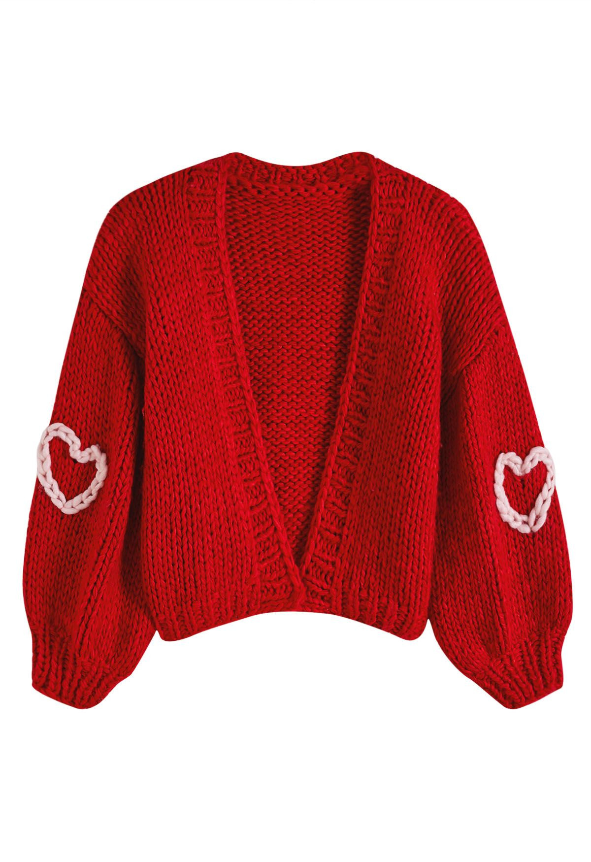 Girly Heart Puff Sleeve Open Front Hand Knit Cardigan in Red | Chicwish