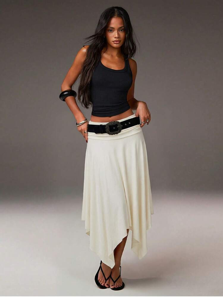 Athîral Women's Fashionable, Casual, Resort-Style, Everyday Commuting, Asymmetrical Hem, Low-Waisted Cream Midi Skirt (Belt Not Included), Cream Irregular Midi Skirt, Soft And Comfortable Knit Fabric With Stretch, Vacation Women, Casual Skirt, Holiday For Women, Spring Women, Summer Holiday, Cream Skirt | SHEIN