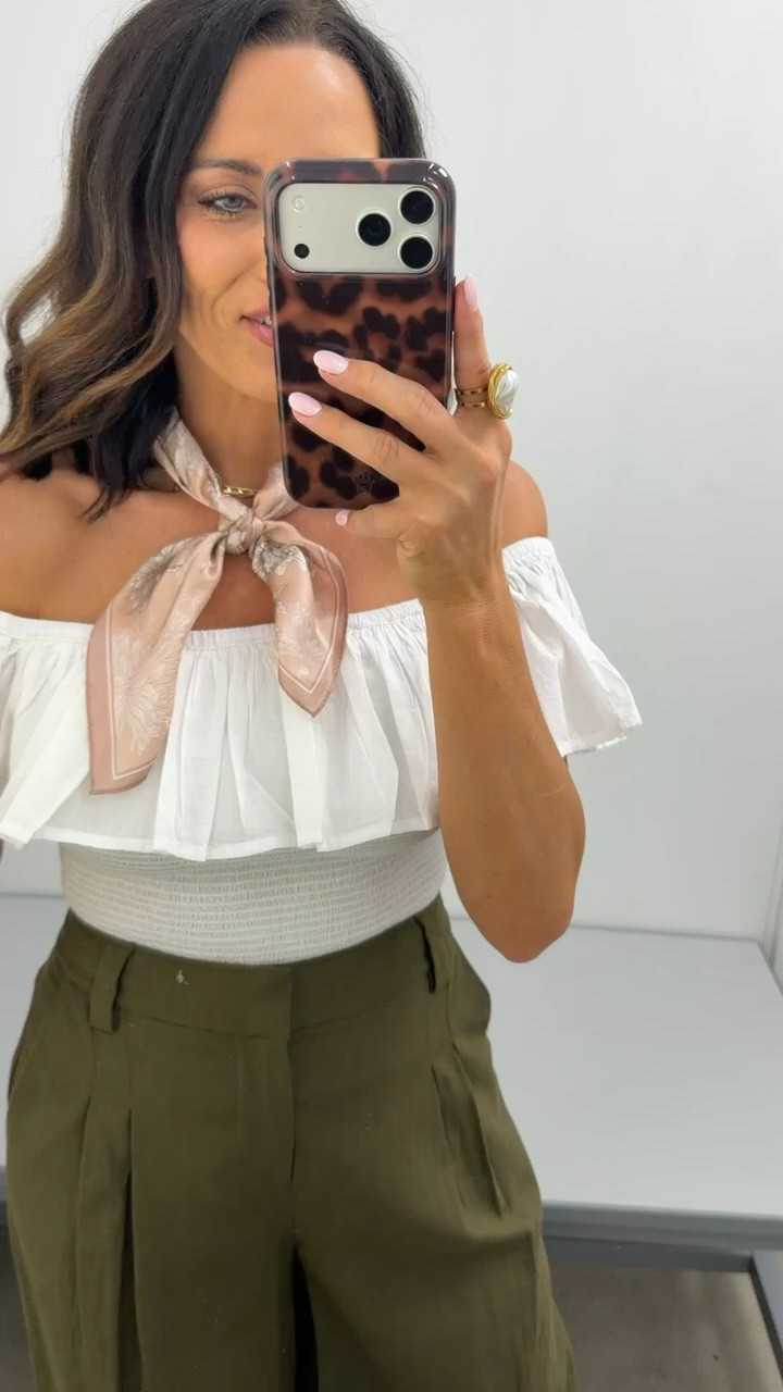 Okay this outfit is giving major Free People vibes without the Free People price tag 🤍 I’m obsessed with this off the shoulder top — the ruffle detail and scarf styling make it feel so feminine and elevated. Paired with these flowy trousers makes the whole look feel effortlessly chic. 

This is one of those outfits that looks WAY more expensive than it is while still being super comfy and easy to wear. Perfect for brunch, vacation dinners, church, girls nights, or anytime you want that trendy boutique look for less ✨ Walmart seriously keeps surprising me lately. 

Size XS, 5’3 for reference