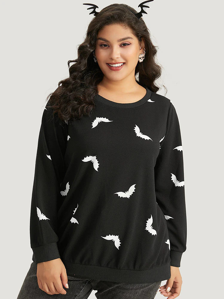 Halloween Bat Print Round Neck Elastic Cuffs Sweatshirt | Bloomchic