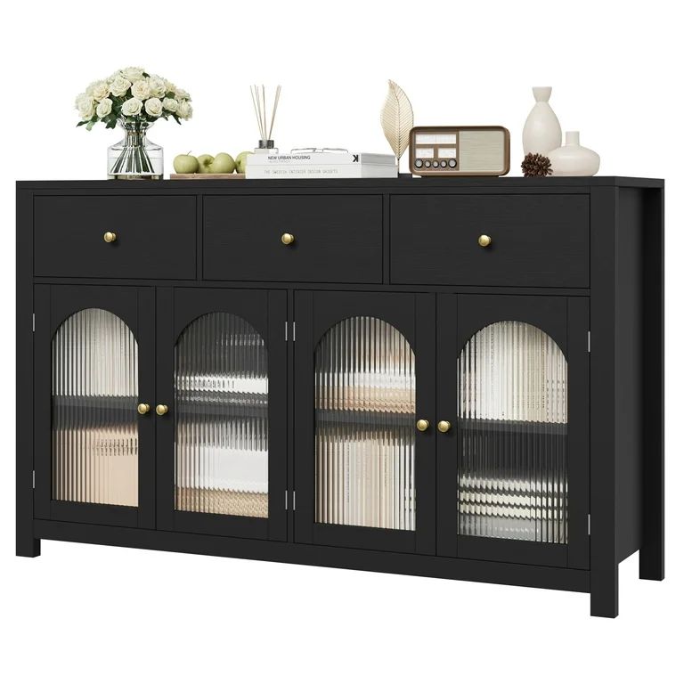 Homfa 55'' Large Sideboard Buffet Cabinet, Kitchen Storage Cabinet with 3 Drawers and 4 Glass Doo... | Walmart (US)