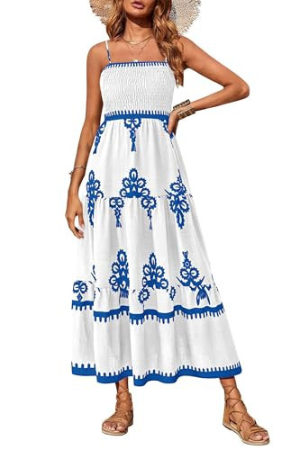 PRETTYGARDEN Women's Summer Maxi Dress 2026 Casual Boho Sleeveless Spaghetti Strap Smocked Tiered Long Beach Vacation Sundresse (White Blue Flower,L) | Amazon (US)