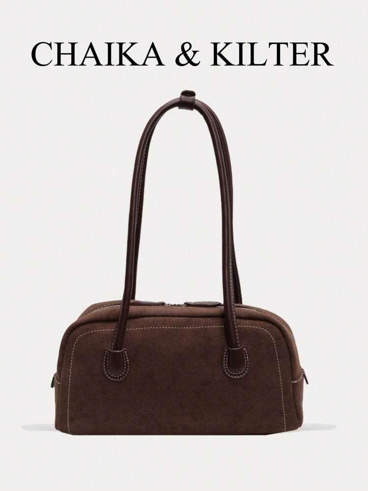 1 Pieza Bolso De Hombro De Tela Con Efecto De Gamuza De Color Liso Para Mujer, Bolso De Bolos De Moda Retro Con Costuras Contrastantes, Diseño De Doble Asa, Cierre Con Cremallera Para Uso Diario Y Al Aire Libre, Nuevo Bolso De Mujer Para Otoño E Invierno, El Mejor Bolso De Otoño, El Bolso De Gamuza Talla Grande Nuevo Y De Moda Para Mujer, Que Combina Perfectamente Con La Ropa De Otoño Para Mujer | SHEIN