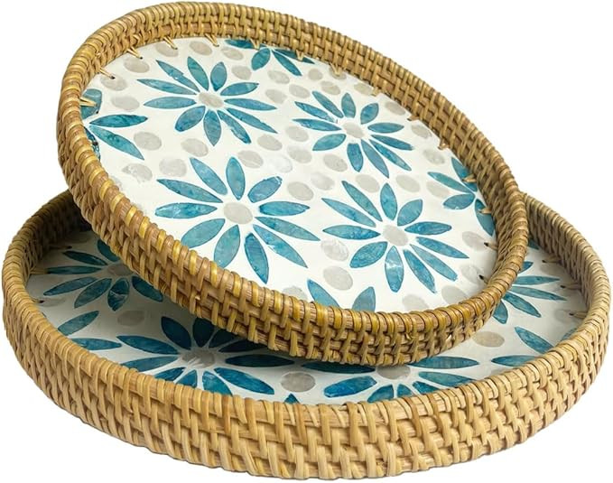 Round Rattan Tray with Mother of Pearl Inlay, Boho Coffee Table Tray Decor, Wicker Trays for Deco... | Amazon (US)