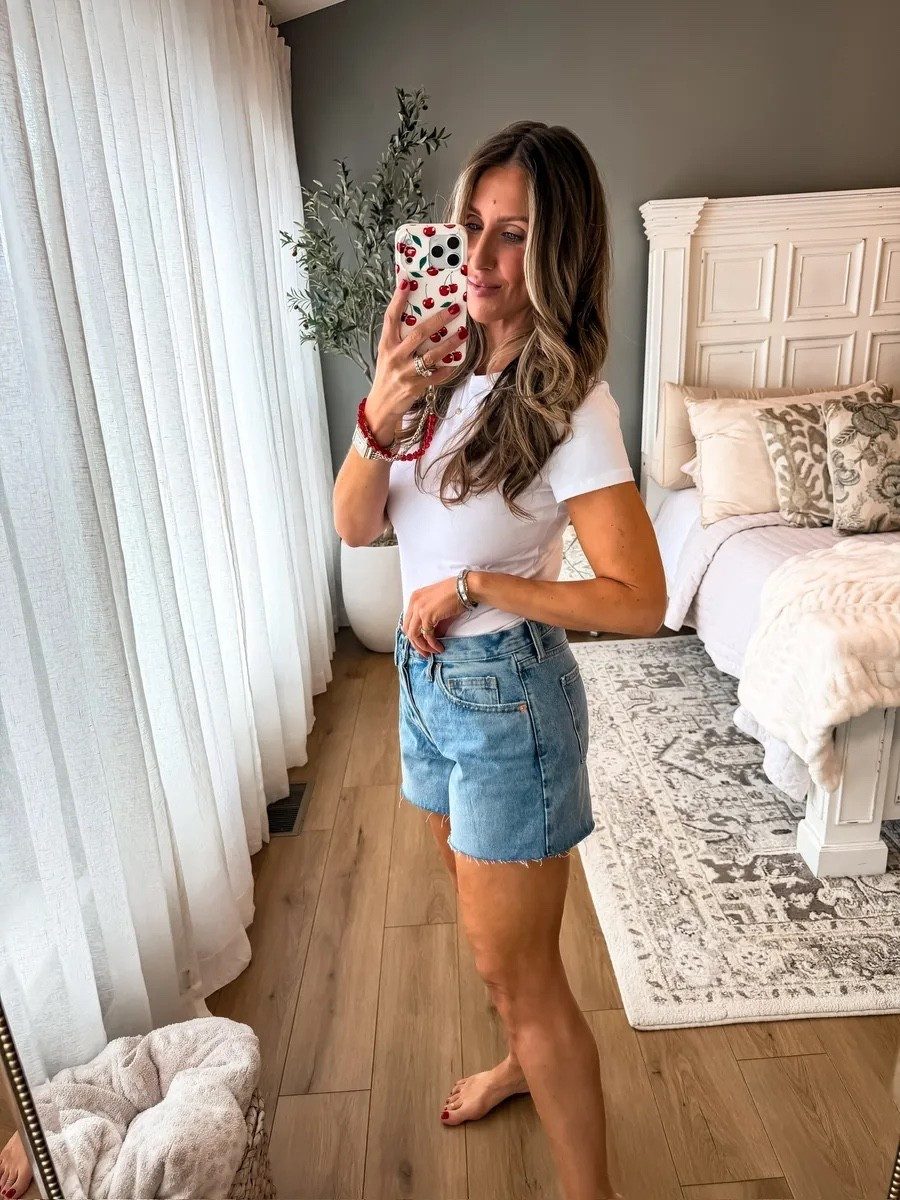 The denim shorts that just fit right 🙌🏼High waisted, the perfect length, and that easy relaxed feel that makes them so flattering without trying too hard. Paired with a simple white tee for that clean, everyday look you can wear on repeat

denim shorts, high waisted shorts, casual summer outfit, white tee outfit, everyday basics, effortless style, themominstyle 

#LTKootd #LTKOver40 #LTKSeasonal
