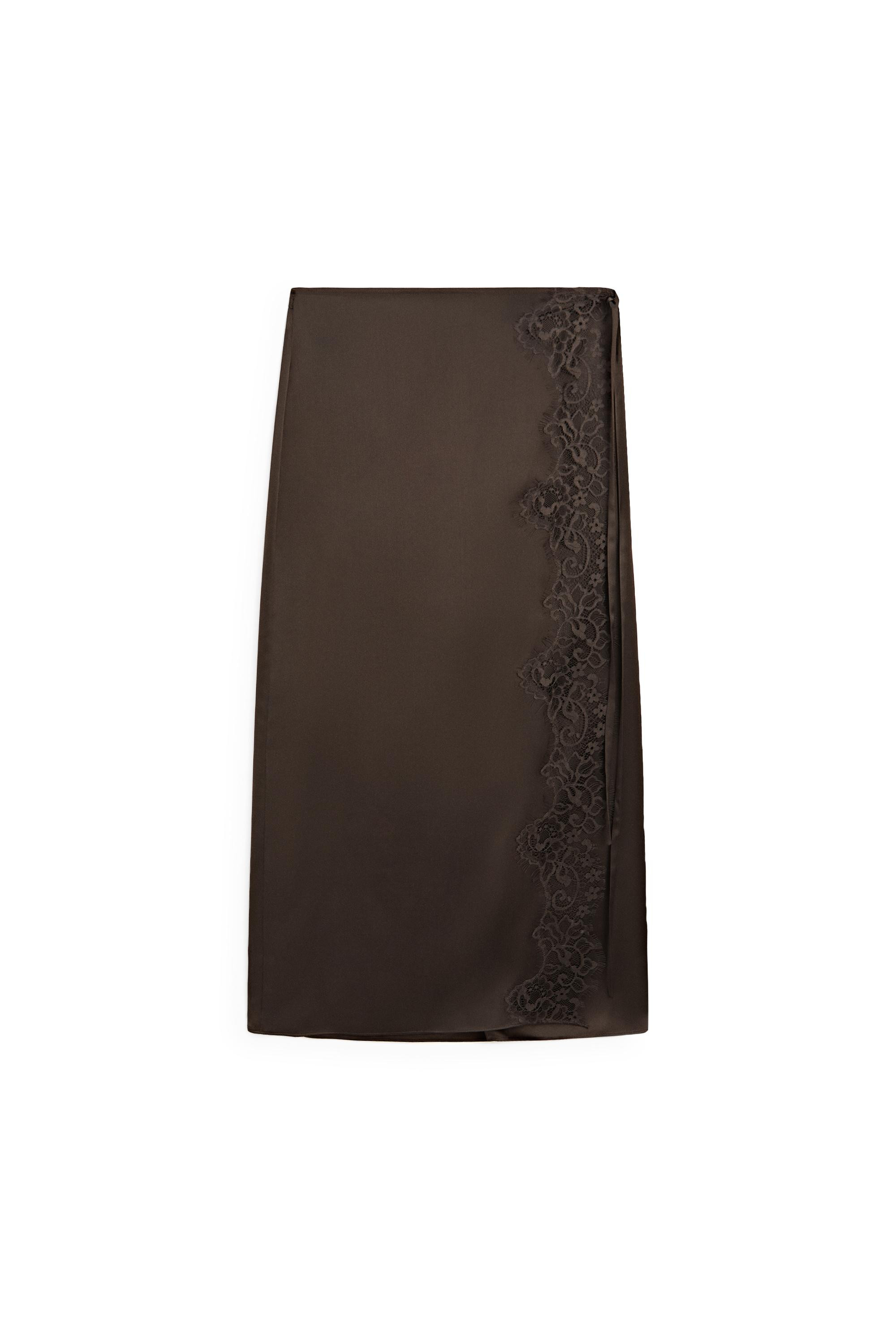 100% silk lace-detail pareo skirt - Chocolate | Massimo Dutti UK