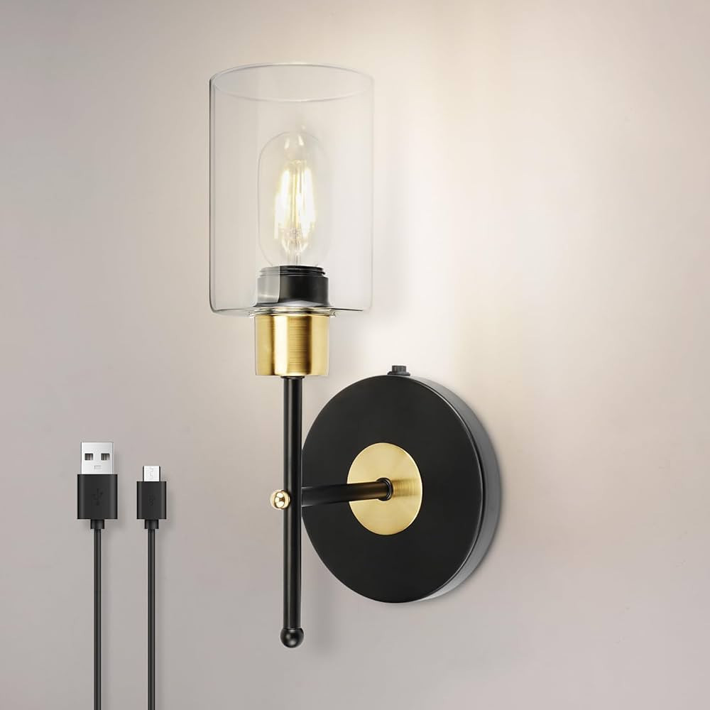 HYMELA C01 Battery Operated Wall Sconce No Wired, Rechargeable Wall Lamp with Clear Glass Shade, ... | Amazon (US)