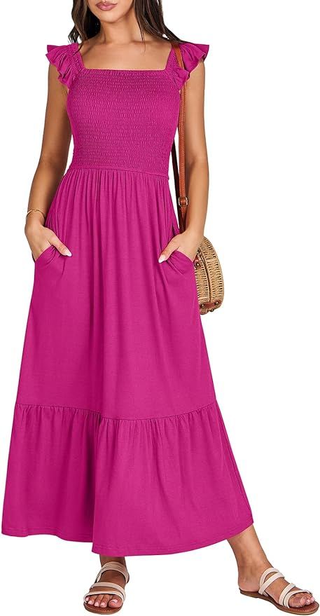 ANRABESS Womens Square Neck Maxi Dress Ruffle Sleeveless Smocked Casual Summer Beach Sundress wit... | Amazon (US)
