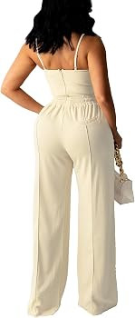 Women Sexy 2 Piece Outfits Jumpsuit Summer Sleeveless Cami Crop Top Wide Leg Long Pants Set | Amazon (US)