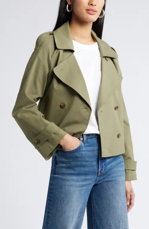 Nordstrom Crop Stretch Cotton Trench Coat in Olive Burnt at Nordstrom, Size Small | Nordstrom
