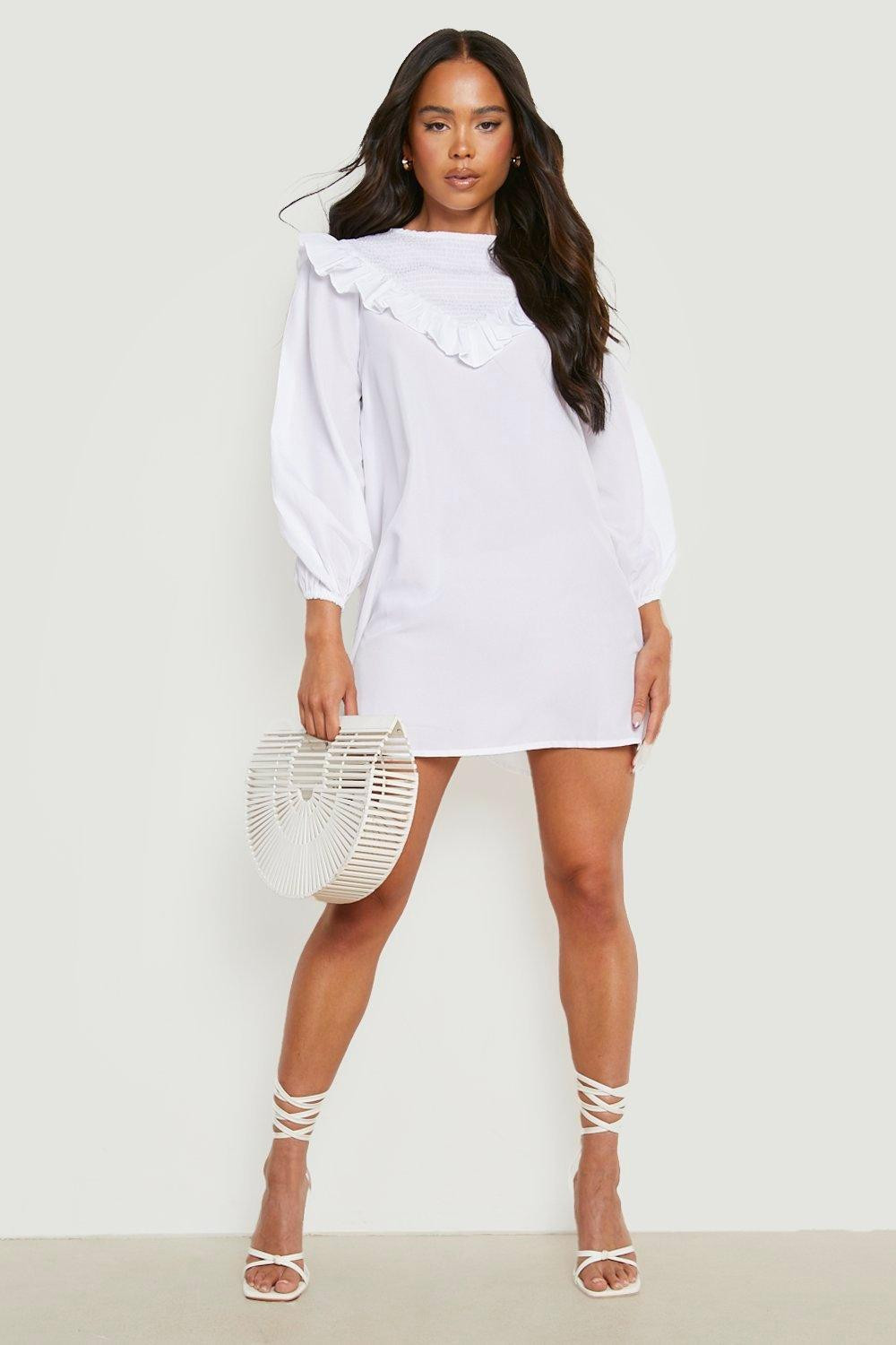 Womens Petite Shirred Detail Ruffle Smock Dress - White - 10 | Boohoo.com (US & CA)