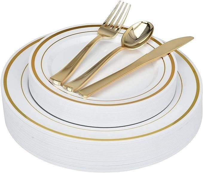125-Piece White and Gold Fancy Plastic Plates Disposable with Silverware, Elegant Dinnerware for ... | Amazon (US)
