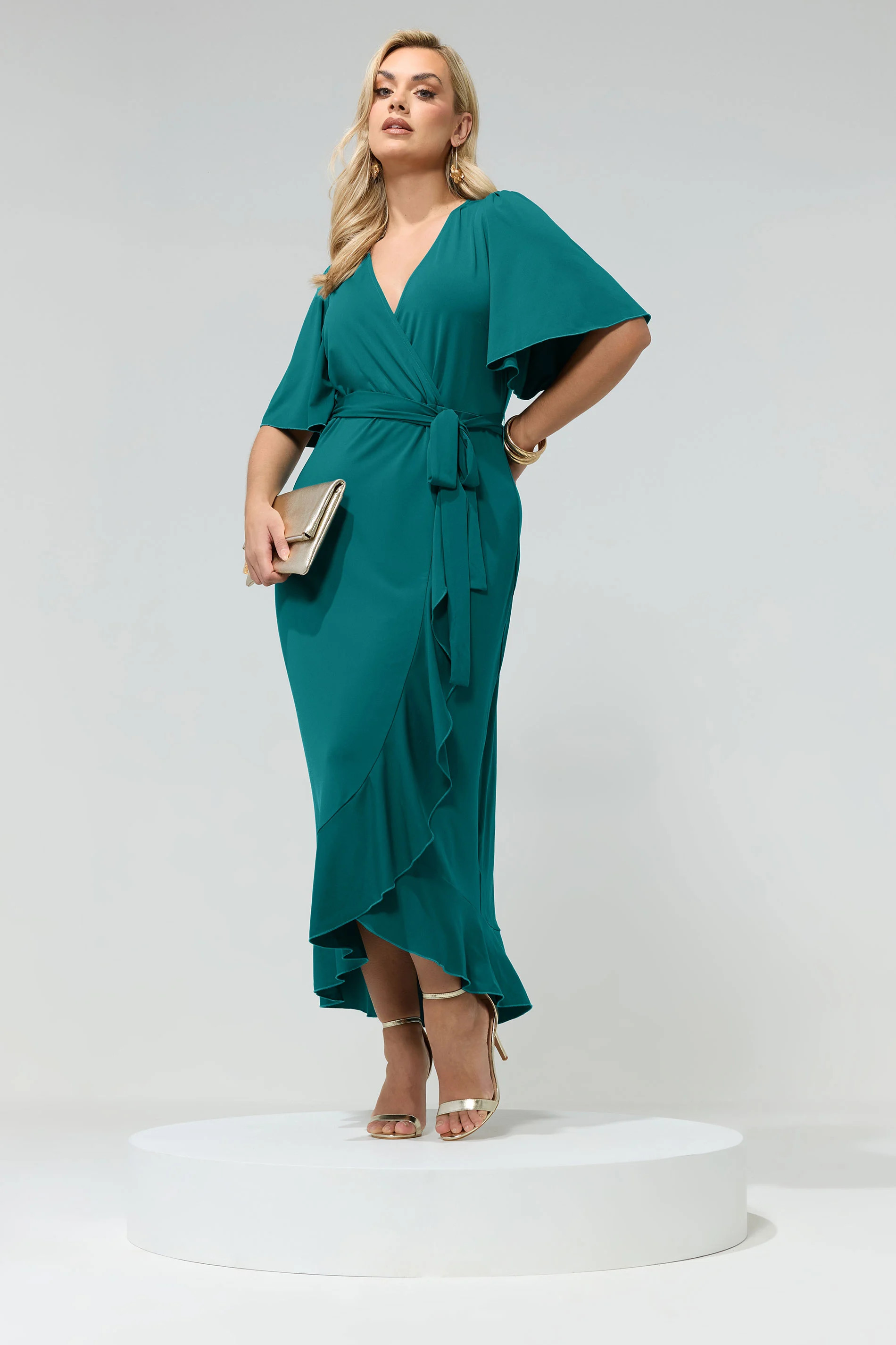 YOURS LONDON Plus Size Green Short Sleeve Ruffle Wrap Maxi Dress | Yours Clothing UK