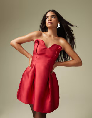 ASOS DESIGN satin sweetheart bandeau structured mini dress in red | ASOS (Global)