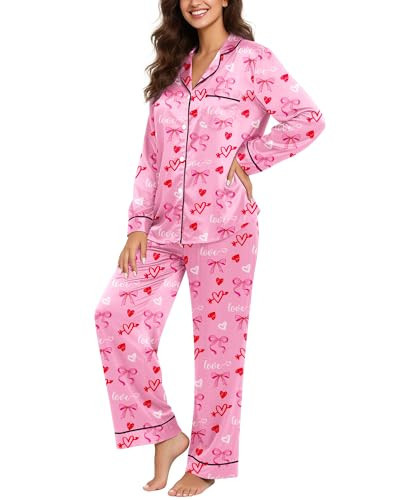 Mutkirapup Valentines Pajamas for Women Silk Satin Pjs Sets 2 Piece Pink Heart Loungewear Soft Long Sleeve Button Down Cozy Bow Sleepwear, L | Amazon (US)