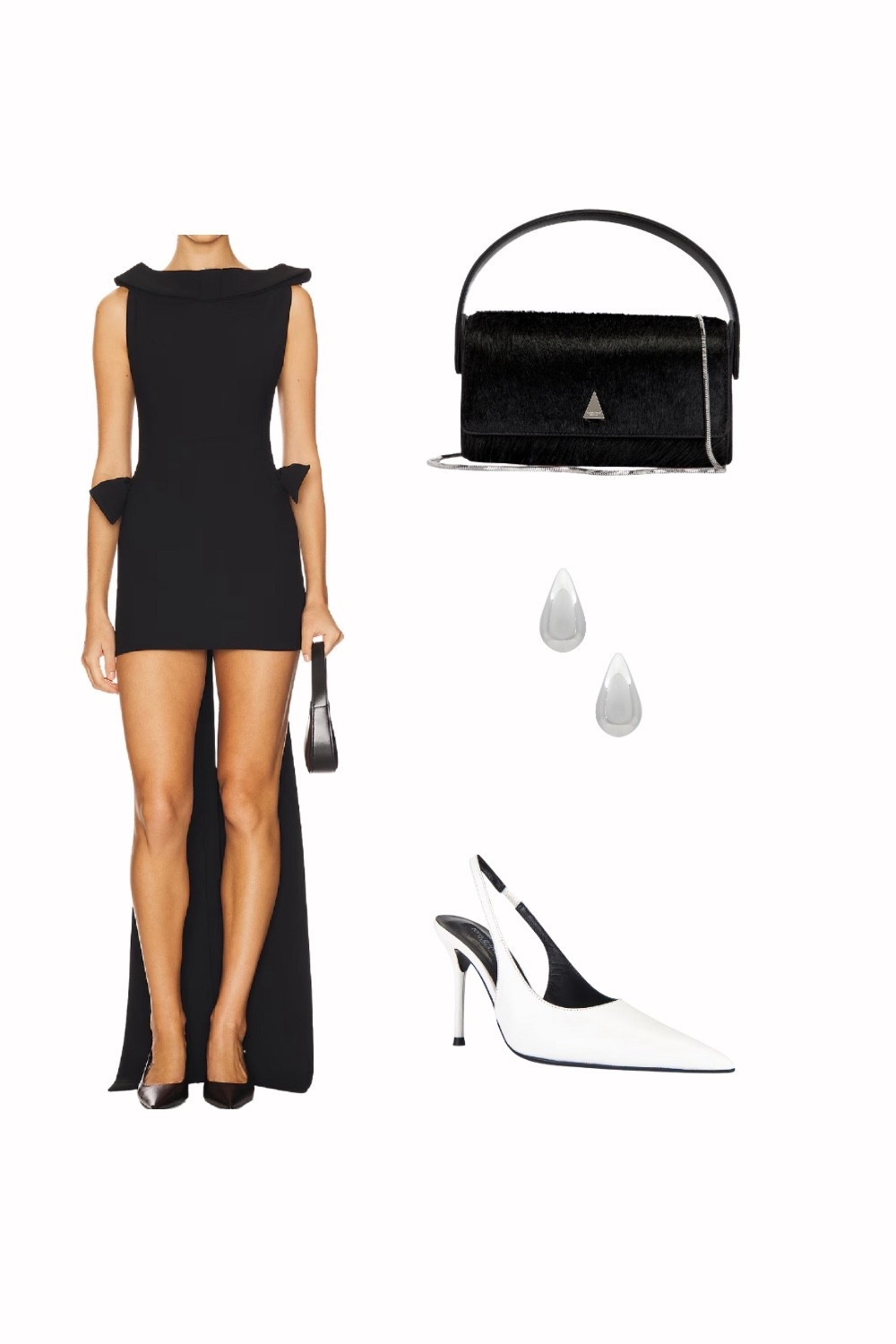 Step into elegance with this stunning black mini dress featuring a dramatic train. Styled with white slingback heels, a sleek black handbag, and minimalist drop earrings, this outfit is perfect for cocktail parties, weddings, or any glamorous night out. ✨ #BlackDress #EveningOutfit #CocktailStyle #ClassyFashion

#LTKNYFW #LTKStyleTip #LTKFallSale