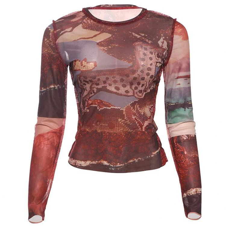 Summer New Women's Fashion Retro Mesh Printed Long Sleeve Slim Top T-Shirt | SHEIN