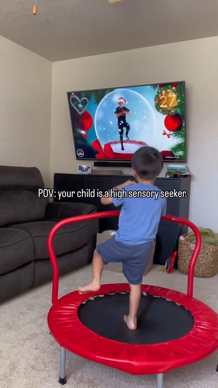 Children’s sensory needs range from low to high. And every child’s needs are unique to them. This is how I support my high sensory seeker:

My son is a high sensory seeker. He enjoys jumping, hopping, bumping into things and hanging upside down. He is never sitting still and constantly has bursts of energy. 
So much so that it’s hard for him to calm and regulate his body to sleep or focus on tasks. I noticed that he warrants a lot of physical sensory activities to let his sensory threshold and regulate himself. 

If you have a child with similar behaviors I highly recommend jumping on a trampoline following a YouTube kids trampoline workout.

Other ways to support: a high sensory seeker: 
✅Provide activities that stimulate the senses, such as: 

✅Movement: Activities like swinging, climbing, jumping, and running.

✅Pushing and pulling: Activities like pushing a shopping cart, carrying groceries, or pulling a wagon

✅Deep pressure: Activities like rolling a therapy ball along the child’s back

✅Sensory bins: Containers filled with materials to stimulate the senses. #childdevelopment #tipsforparents #psychology #preschool #preschoolactivities #momlifebelike #psychologistmom #explorepage #fyp

#LTKFindsUnder100 #LTKKids #LTKVideo