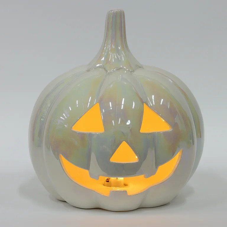 Halloween White Ceramic Light-Up Jack-O’-Lantern Decoration, 7.75 in x 7.75 in x 8.5 in, by Way... | Walmart (US)
