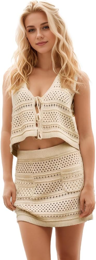 Ladyful Women Casual Short Crochet Knit Set V Neck Sleeveless Top and Mini Skirt Cover Up 2 Piece... | Amazon (US)