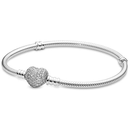 Pandora_ Jewelry Moments Sparkling Heart Clasp Snake Chain Charm Cubic Zirconia Bracelet in Sterling | Walmart (US)