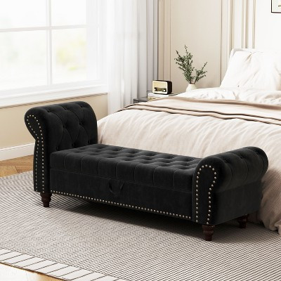 Okak 64.5" End of Bed Storage Bench with Nails Tufted, Entryway Bench with Velvet Cushions, Storage Ottoman for Living Room, Black | Target