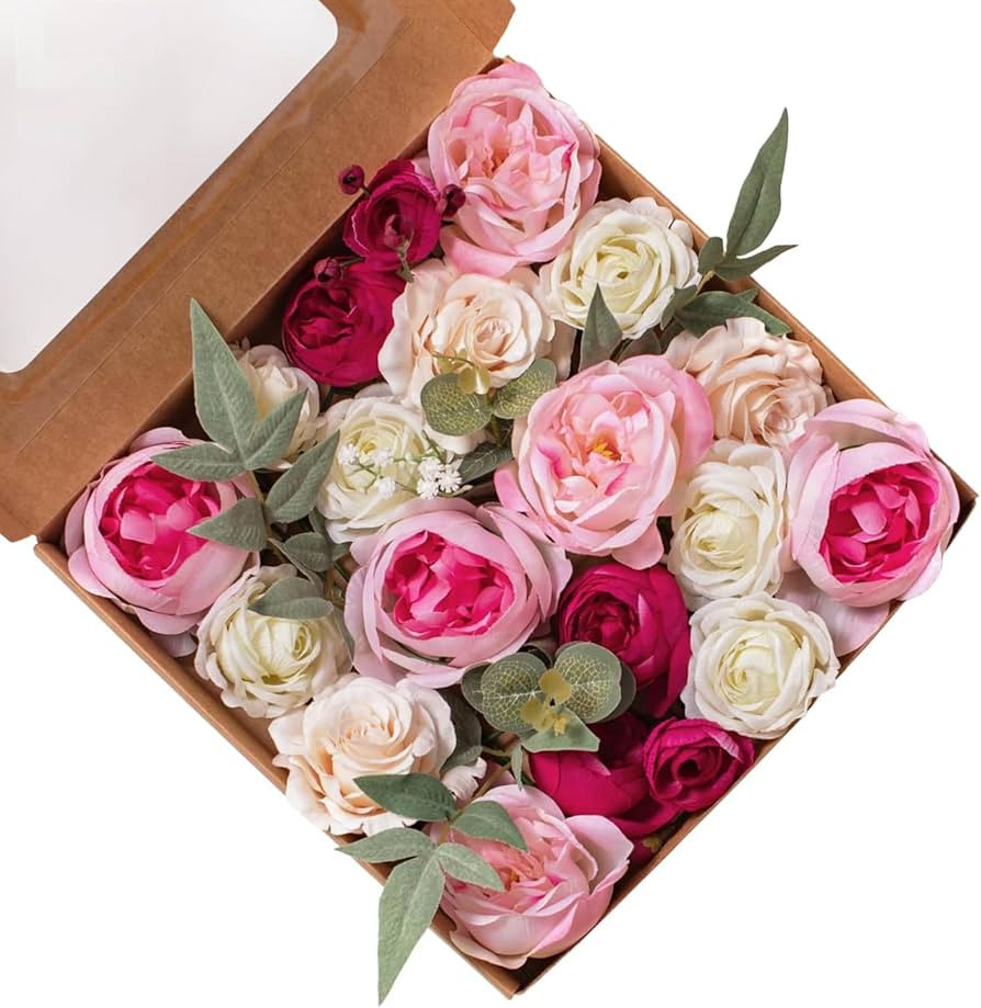 FANKO Artificial Rose Fake Flowers: Light Pink Rose Bouquet Peony Fake Flowers Burgundy Rose Faux... | Amazon (US)