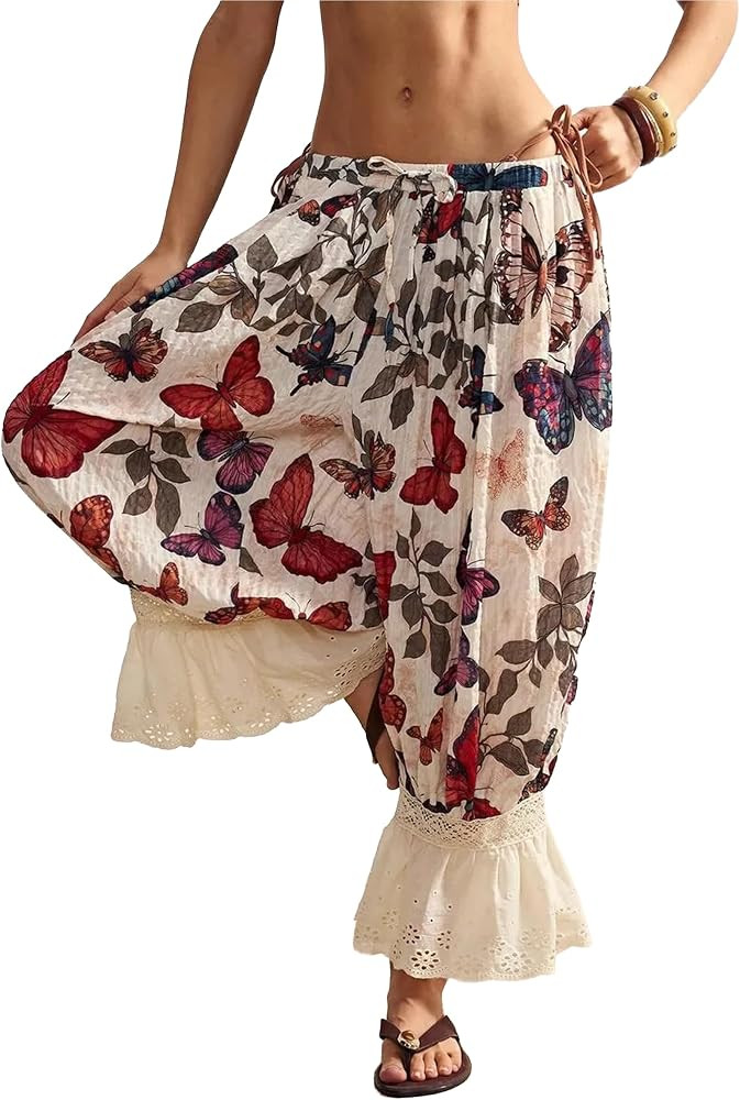 Bloomer Pants Butterfly Print Floral Boho Lantern Lace Trim Pants | Amazon (US)