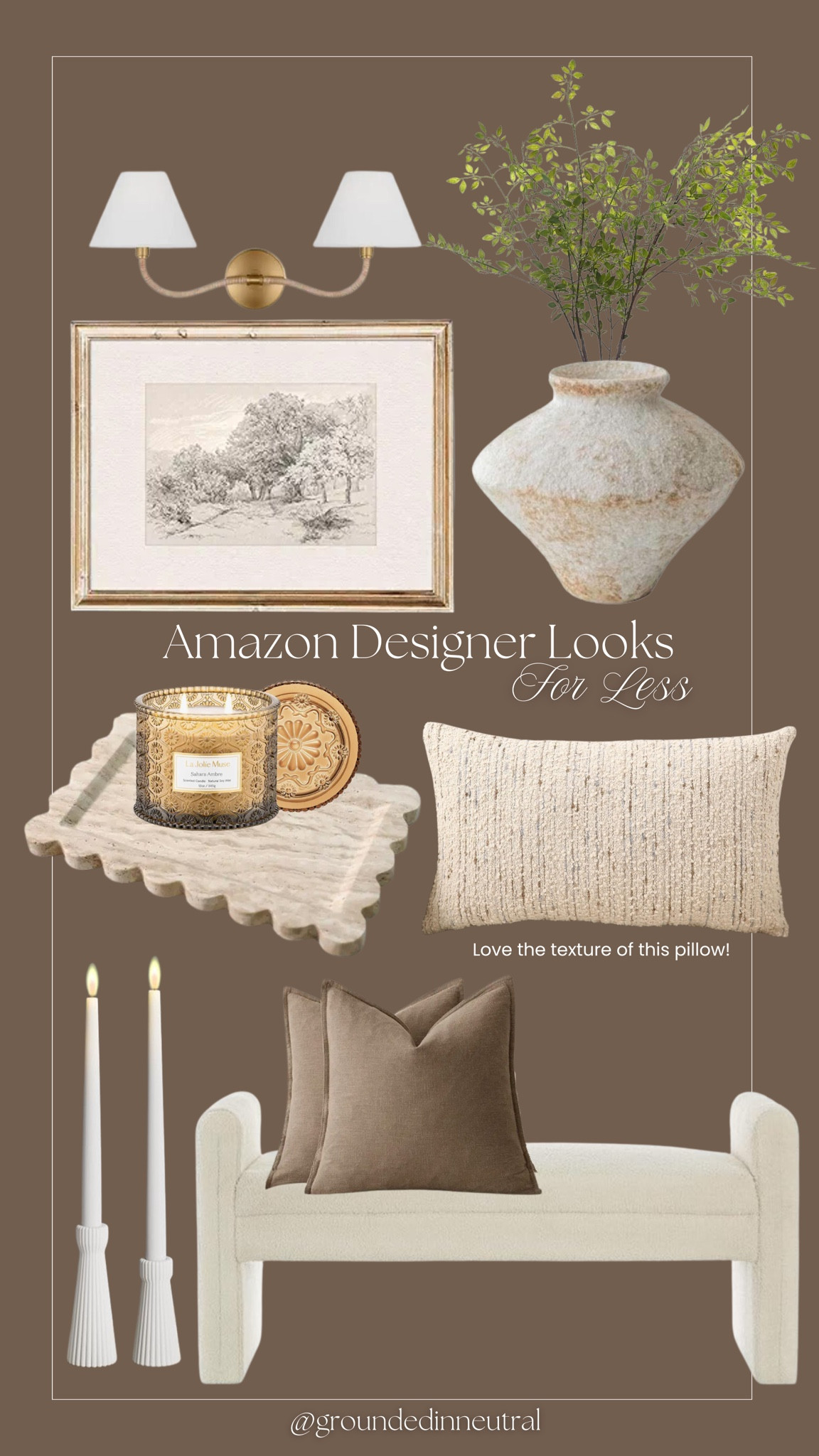 Amazon neutral designer inspired home finds that I’m currently loving. 🤎

Amazon bedroom finds, throw pillows, organic vase, stems, amazon art, tapered candles, neutral decor, brass light fixture  

#LTKStyleTip #LTKHome #LTKFindsUnder100