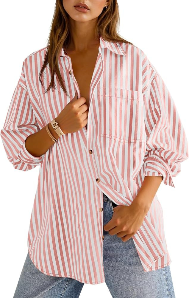Cicy Bell Womens Oversized Striped Button Down Shirts Boyfriend Long Sleeve Collared Work Blouses | Amazon (US)