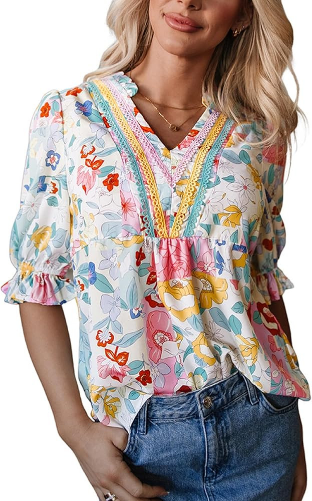 Floral Tops for Women Summer Blouses Dressy Casual Boho Shirts Puff Sleeve V Neck Flowy Babydoll ... | Amazon (US)