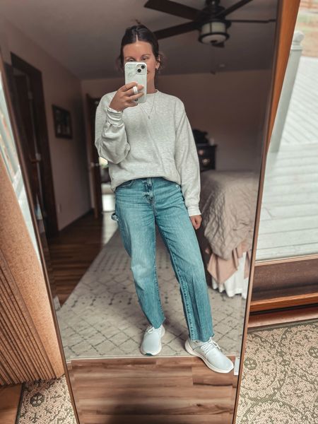 Wearing a size small in the crewneck and my true size 25 in the jeans. My sneakers are a size up and fit comfortably. 

#LTKSeasonal #LTKfindsunder100 #LTKstyletip