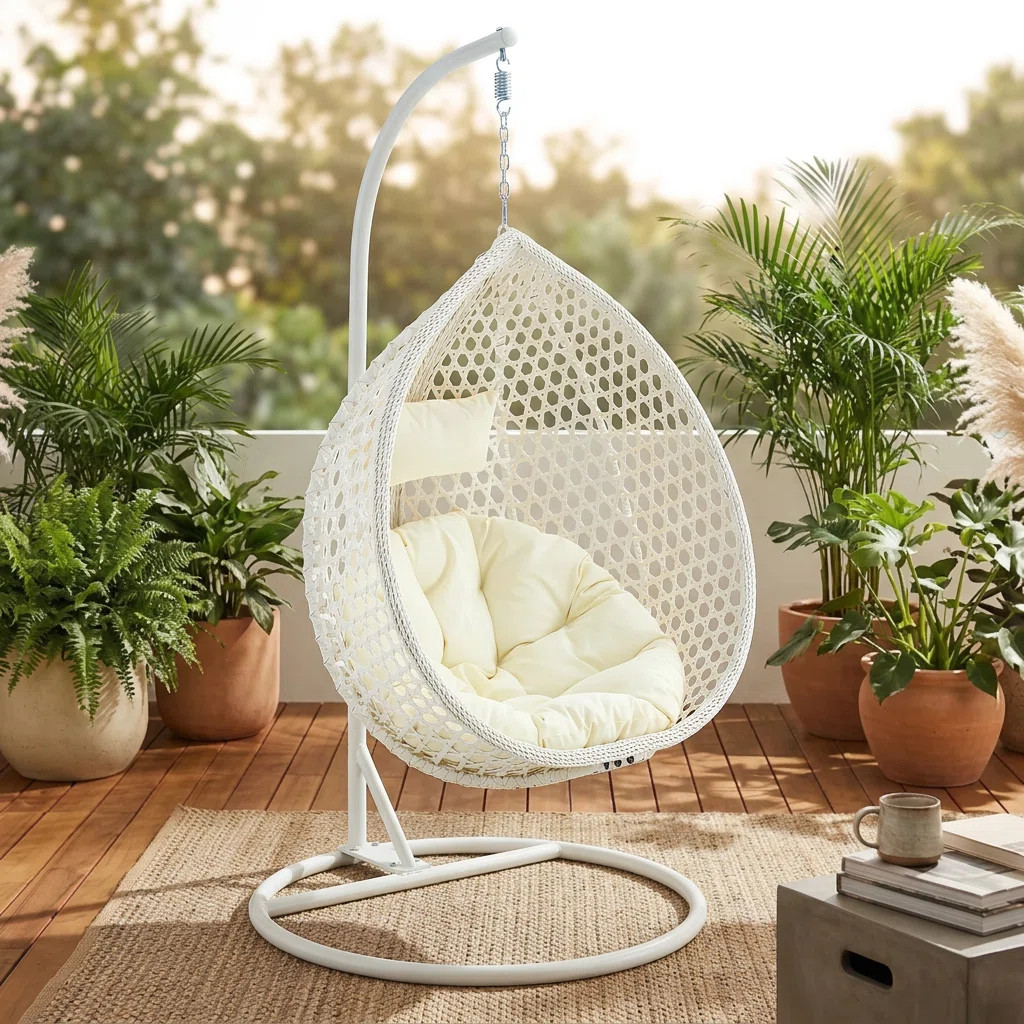 Chaviano Modern Indoor Outdoor Wicker Egg Chair with C-Stand, Teardrop Swing Chair with UV-Resist... | Wayfair North America