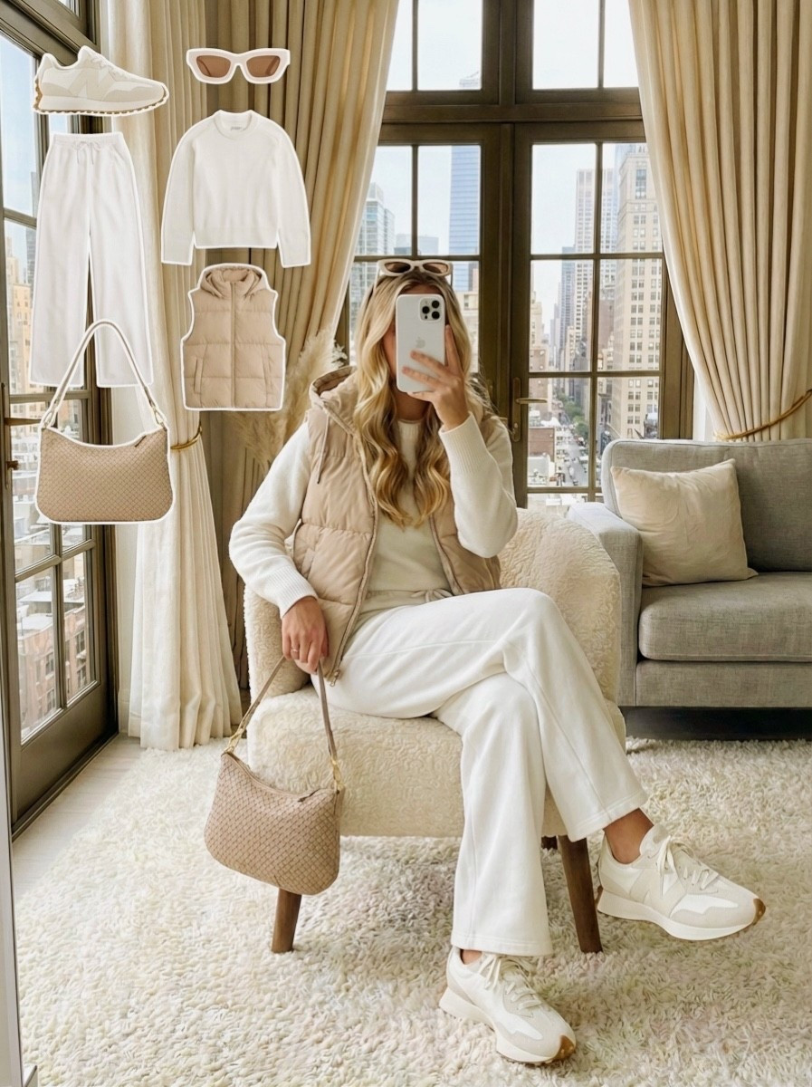 ✨ Cozy Neutrals for Travel Day ✨

An easy airport look built around soft textures and warm beige tones. The relaxed cream set keeps everything comfy for long flights, while the padded vest adds just enough warmth without feeling bulky. Light sneakers make security a breeze, and the woven shoulder bag brings a polished touch to the whole ensemble.

🤍 Travel notes
• Matching cream joggers and knit top for all day comfort
• Padded vest for a lightweight extra layer
• Neutral sneakers for easy walking
• Woven bag that fits essentials without feeling heavy
• Soft beige accessories to keep the palette cohesive

Ready for takeoff in full comfort ✈️

#LTKTravel #LTKgrwm #LTKootd