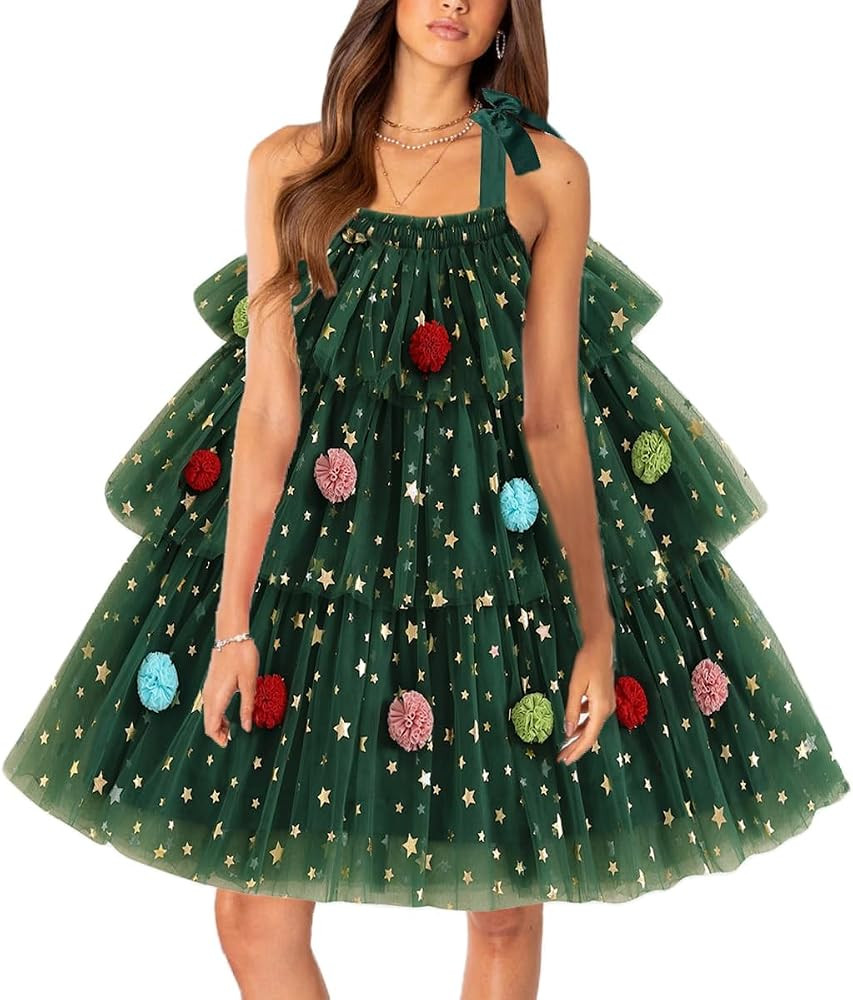 Springcmy Women Christmas Tree Green Dress Sleeveless Star Sequin Layered Tulle Tutu Dresses Chri... | Amazon (UK)